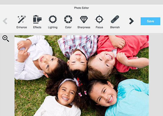 5 children laying in grass inside of our Photo Editor showing features